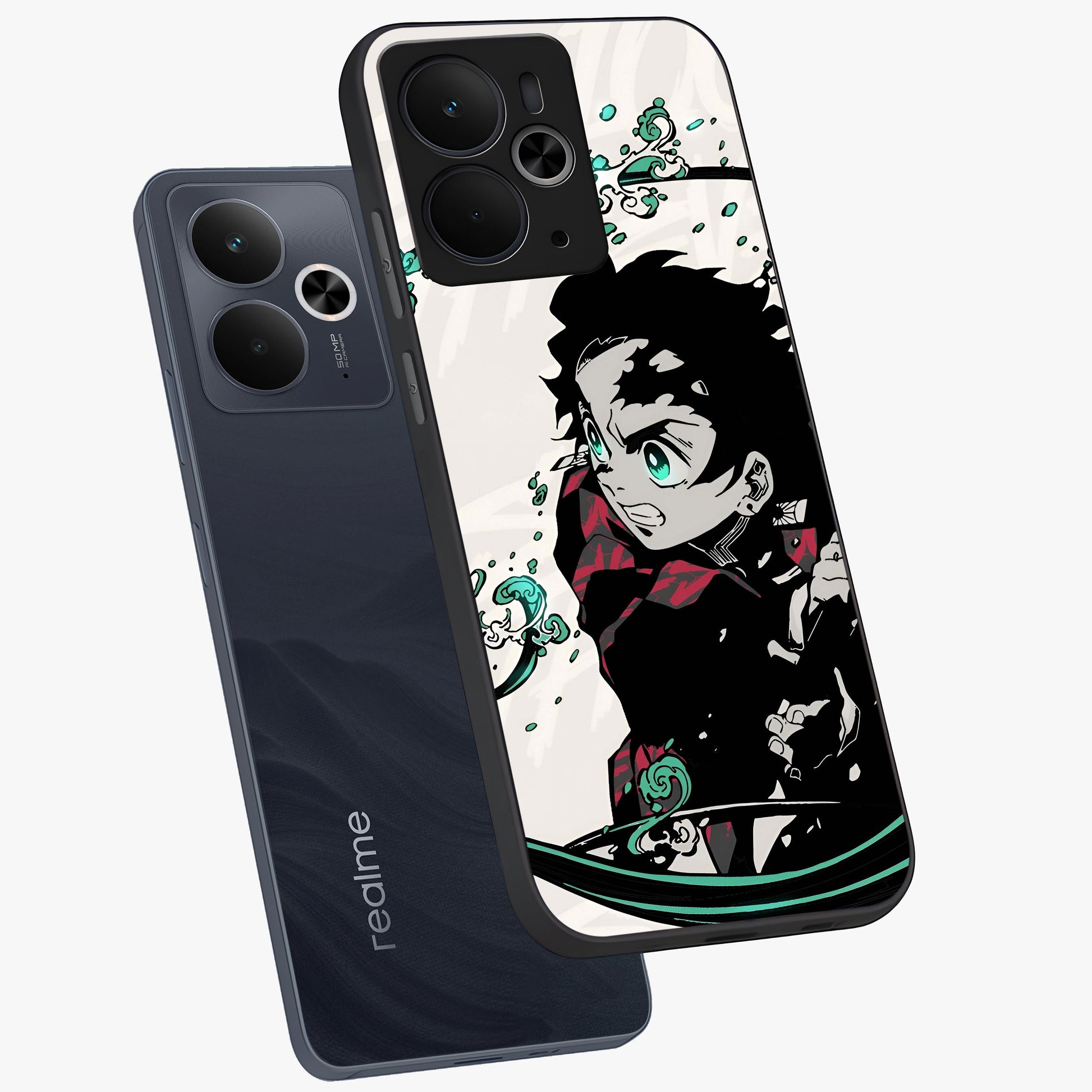 Demon Slayer Glass Case displayed in angled mockup highlighting dramatic anime character design with action aesthetic.
