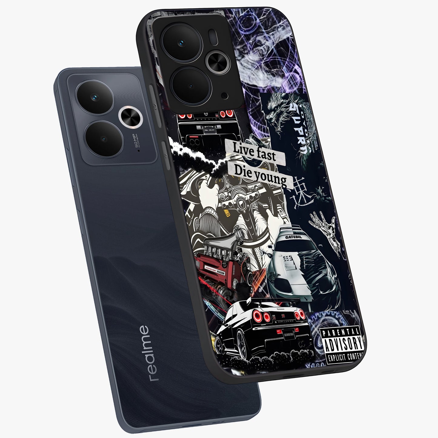 Die Young Glass Case displayed in angled mockup highlighting expressive graphic artwork with edgy aesthetic style.