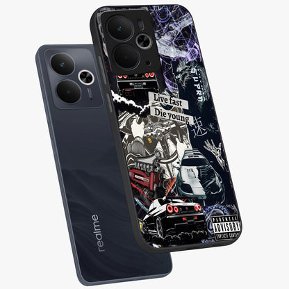 Die Young Glass Case displayed in angled mockup highlighting expressive graphic artwork with edgy aesthetic style.