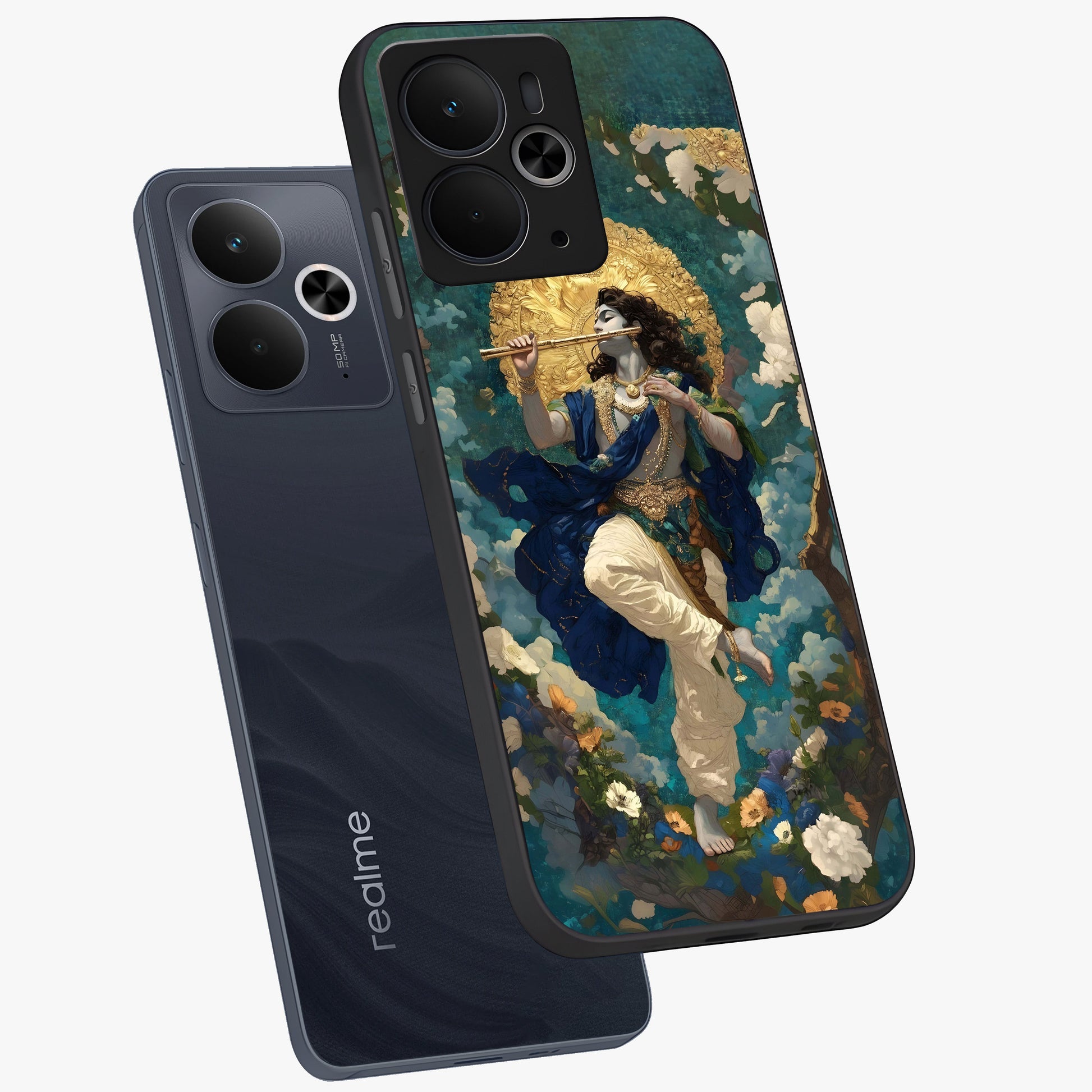 Divine Krishna Art Glass Case displayed in angled mockup highlighting spiritual Krishna illustration with devotional aesthetic.