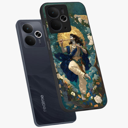 Divine Krishna Art Glass Case displayed in angled mockup highlighting spiritual Krishna illustration with devotional aesthetic.