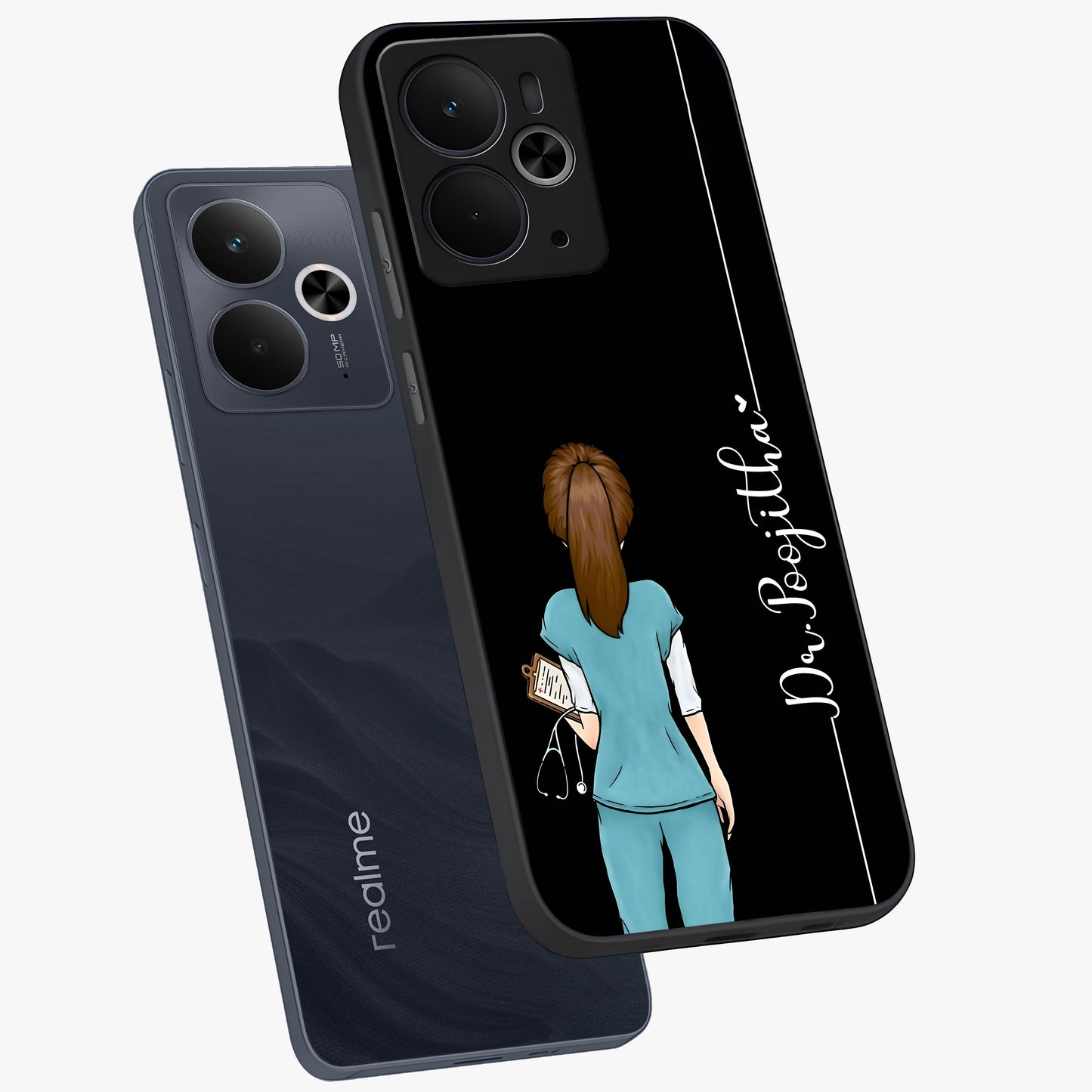 Doctor Pattern Custom Name Glass Case displayed in angled mockup highlighting doctor inspired artwork with custom name feature.