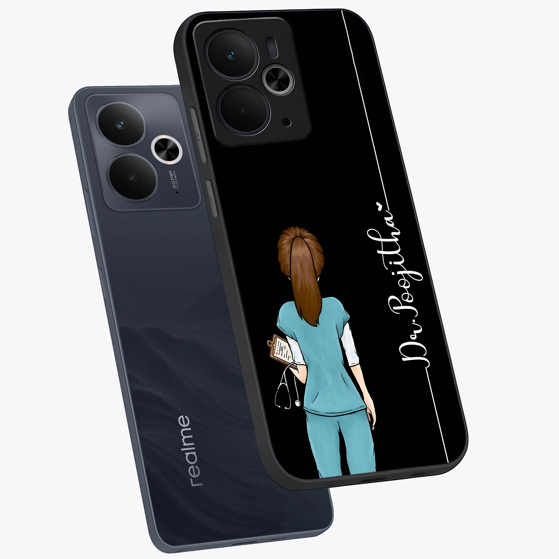 Doctor Pattern Custom Name Glass Case displayed in angled mockup highlighting doctor inspired artwork with custom name feature.