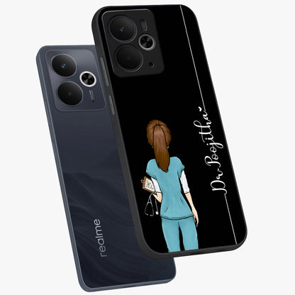 Doctor Pattern Custom Name Glass Case displayed in angled mockup highlighting doctor inspired artwork with custom name feature.