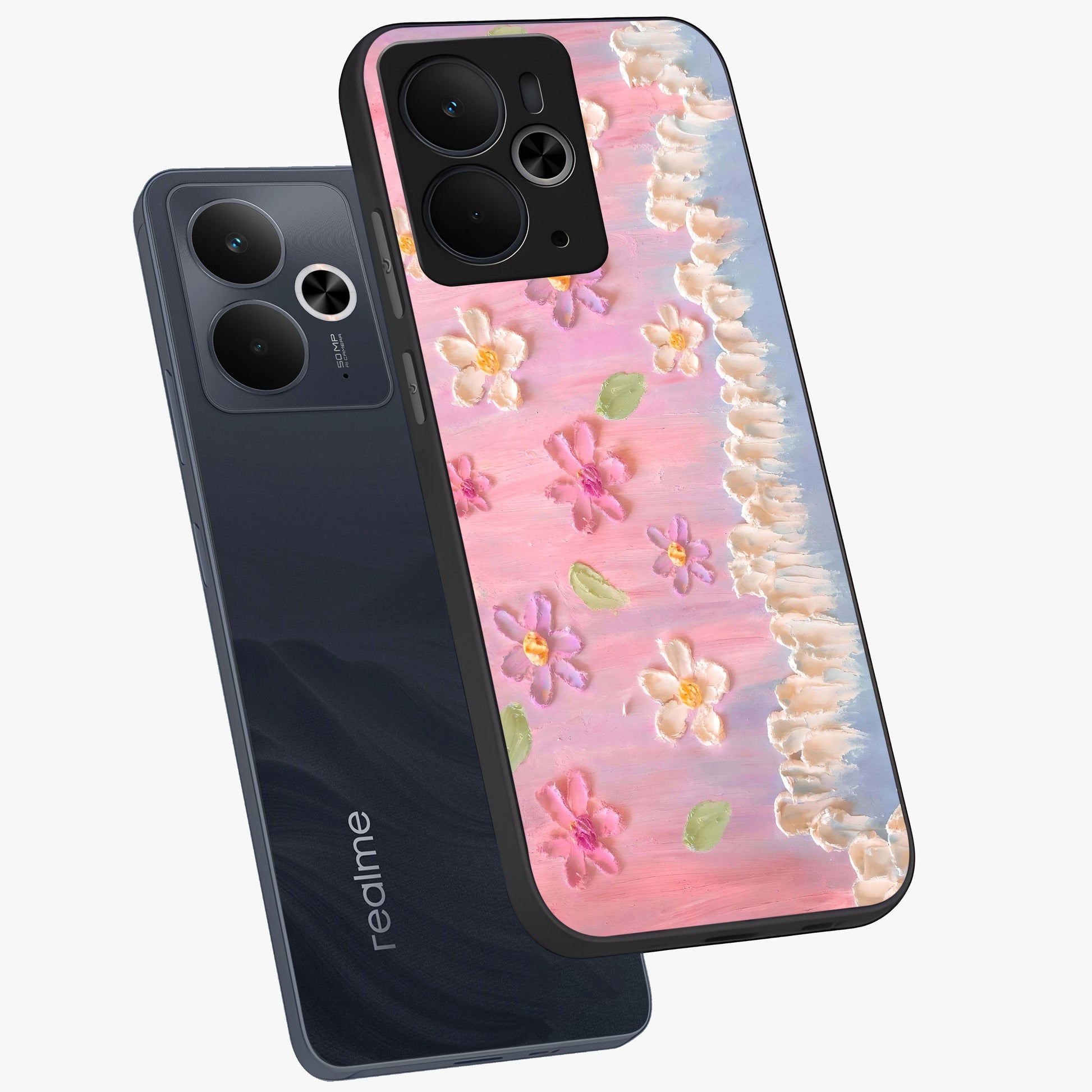 Dreamy Painted Garden Glass Case displayed in angled mockup highlighting colorful garden illustration with dreamy aesthetic style.