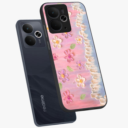 Dreamy Painted Garden Glass Case displayed in angled mockup highlighting colorful garden illustration with dreamy aesthetic style.