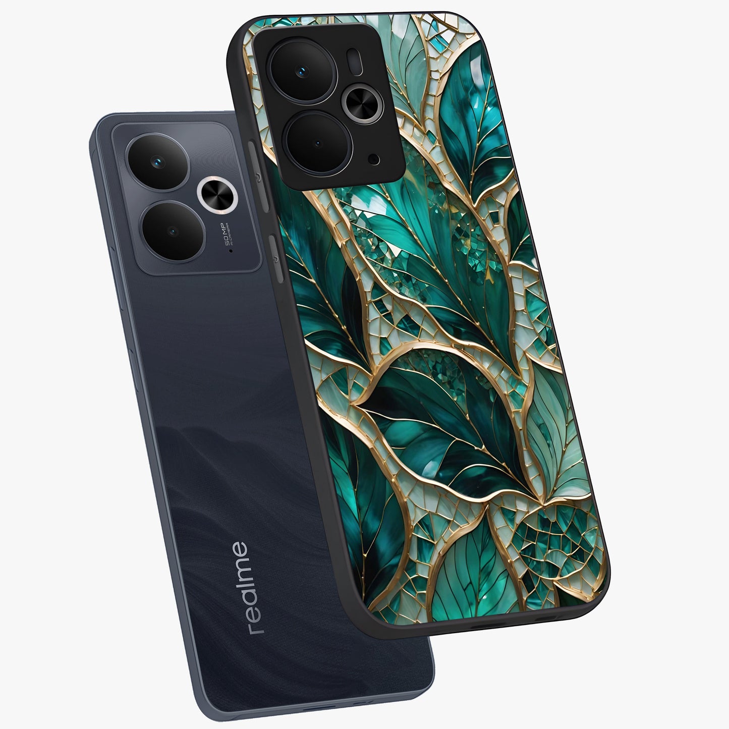 Emerald Leaf Glass Glass Case displayed in angled mockup highlighting botanical leaf illustration with elegant natural aesthetic.