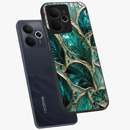 Emerald Leaf Glass Glass Case displayed in angled mockup highlighting botanical leaf illustration with elegant natural aesthetic.