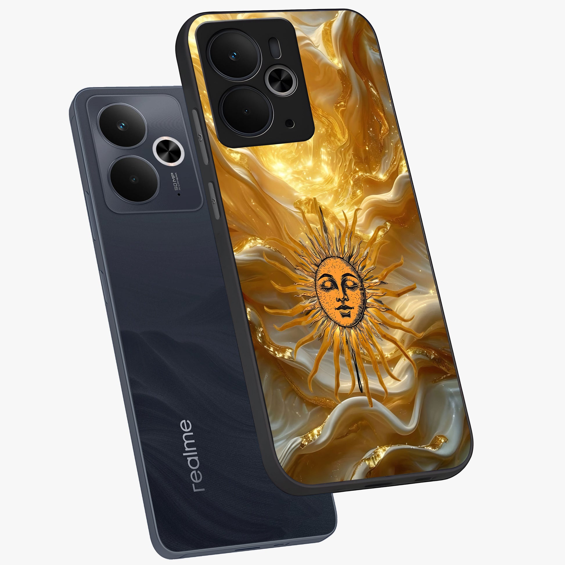 Eternal Golden Glow Glass Case displayed in angled mockup highlighting glowing golden aesthetic design with elegant style.