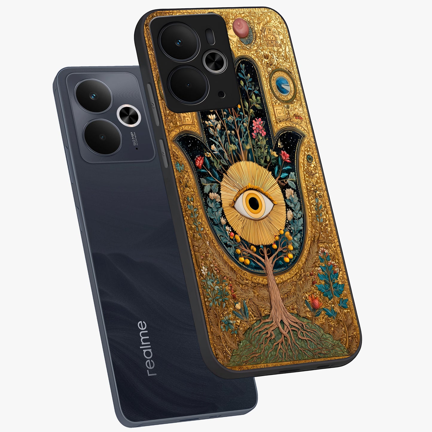 Ethereal Evil Eye Glass Case displayed in angled mockup highlighting protective evil eye symbol with spiritual aesthetic design.