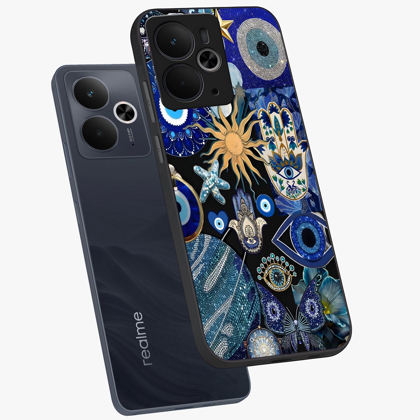 Evil Eye Charm Mix Glass Case displayed in angled mockup highlighting protective evil eye symbols with spiritual aesthetic design.
