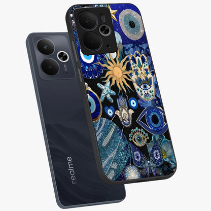 Evil Eye Charm Mix Glass Case displayed in angled mockup highlighting protective evil eye symbols with spiritual aesthetic design.
