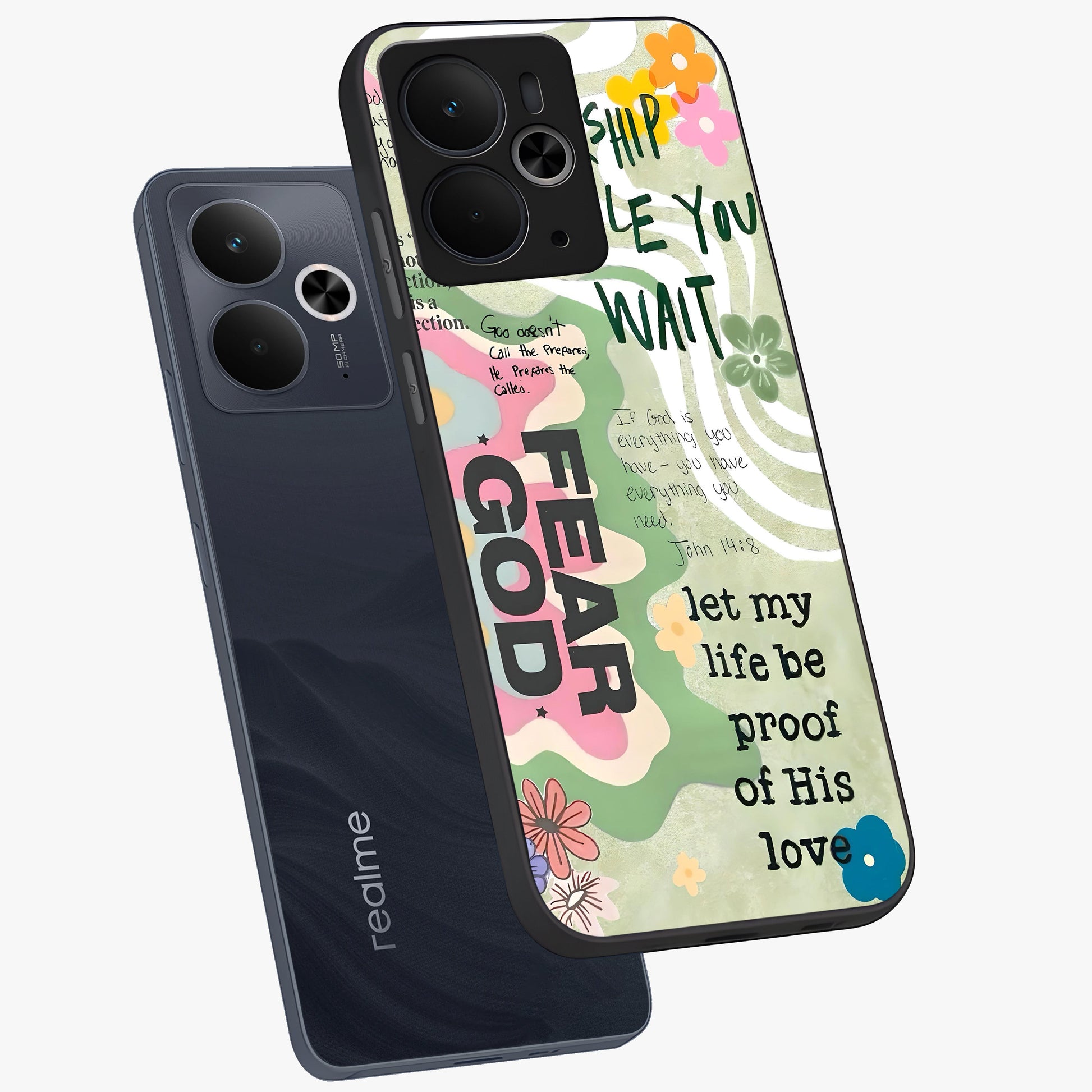 Faith Over Fear Glass Case displayed in angled mockup highlighting inspirational message design with modern aesthetic style.