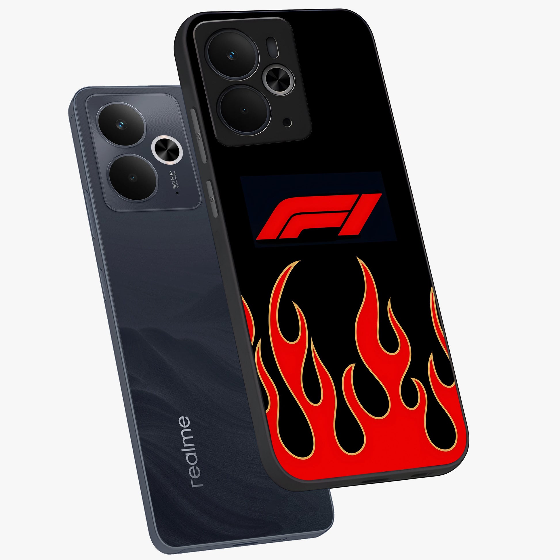 Fire F11 Glass Case displayed in angled mockup highlighting bold fire inspired graphic with energetic aesthetic style.