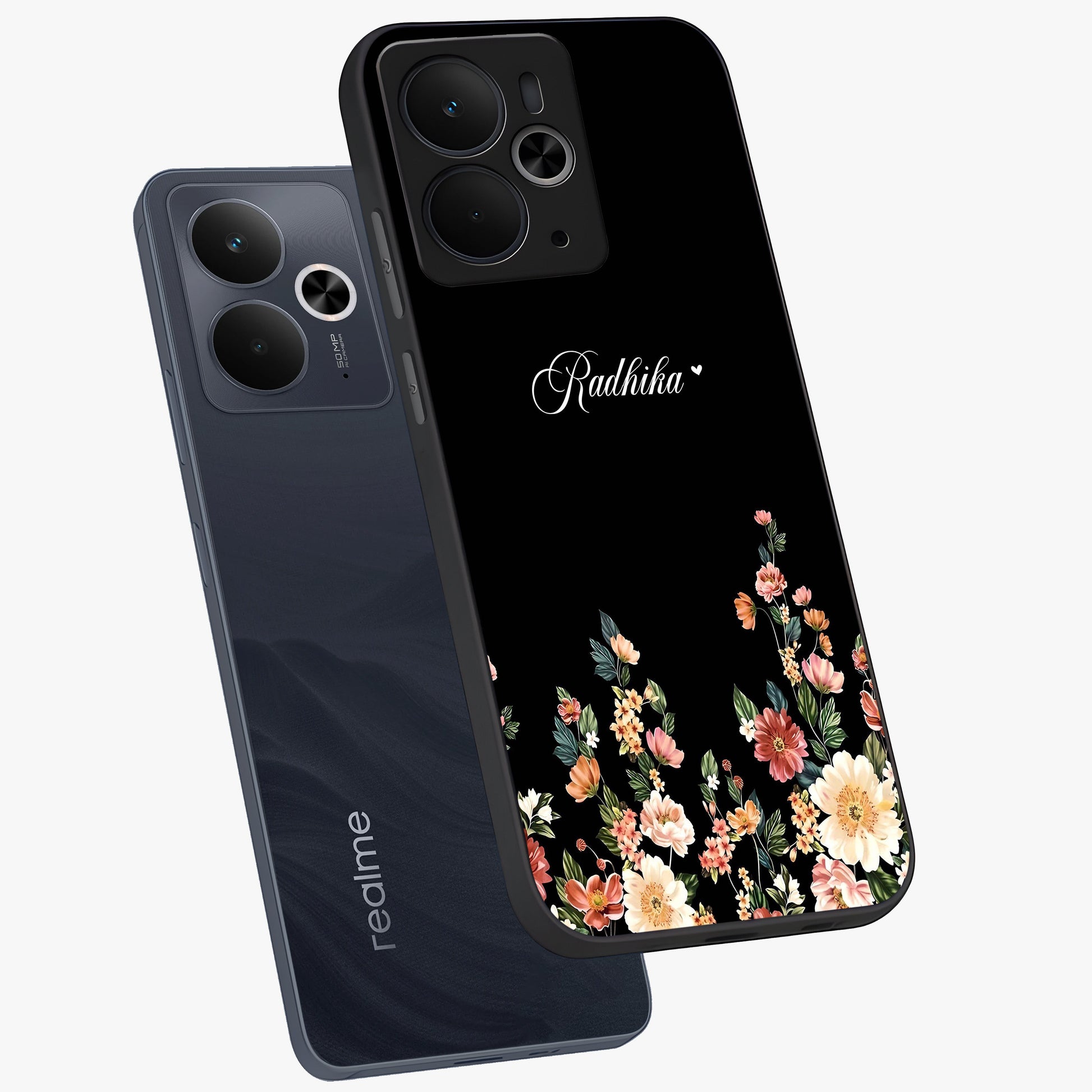 Floral Design With a Custom Personalized Name Glass Case displayed in angled mockup highlighting elegant floral pattern with custom name feature.