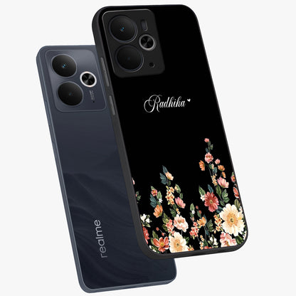 Floral Design With a Custom Personalized Name Glass Case displayed in angled mockup highlighting elegant floral pattern with custom name feature.
