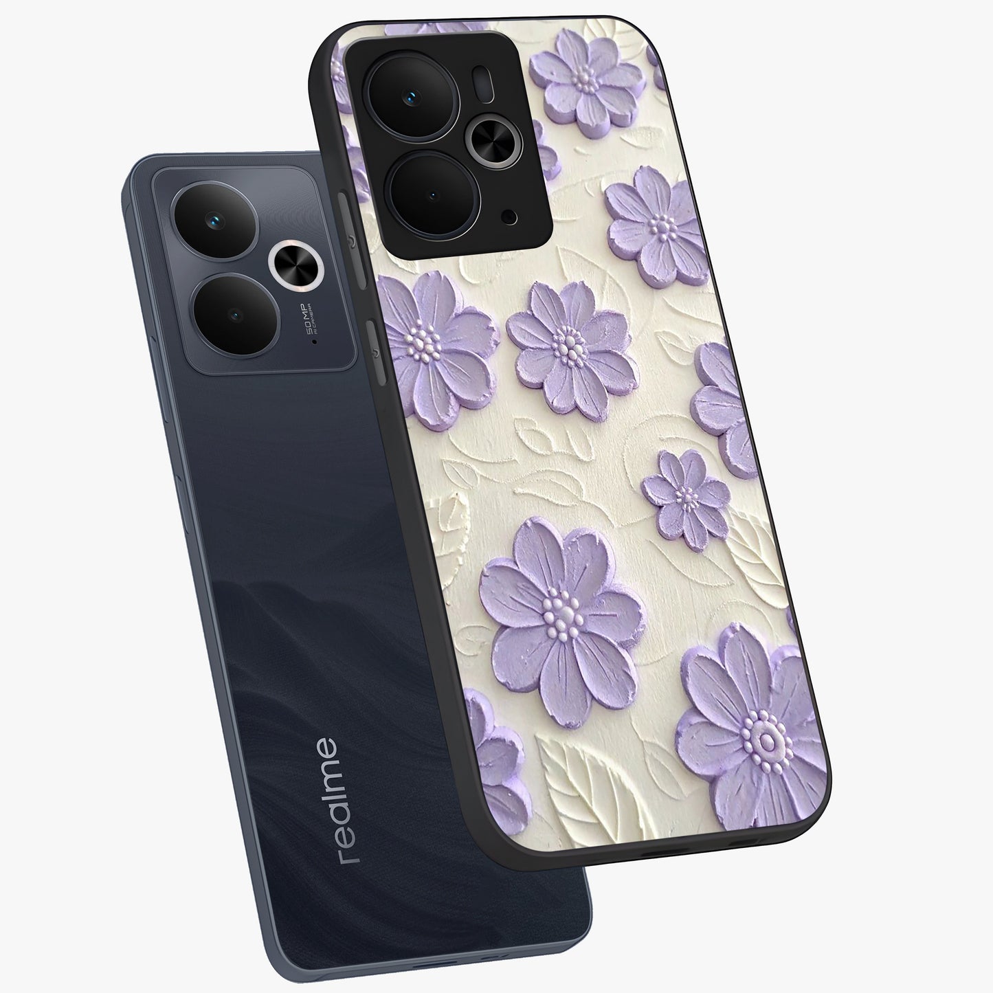Floral Wall Art With Purple Flowers Glass Case displayed in angled mockup highlighting vibrant purple floral illustration with artistic aesthetic.