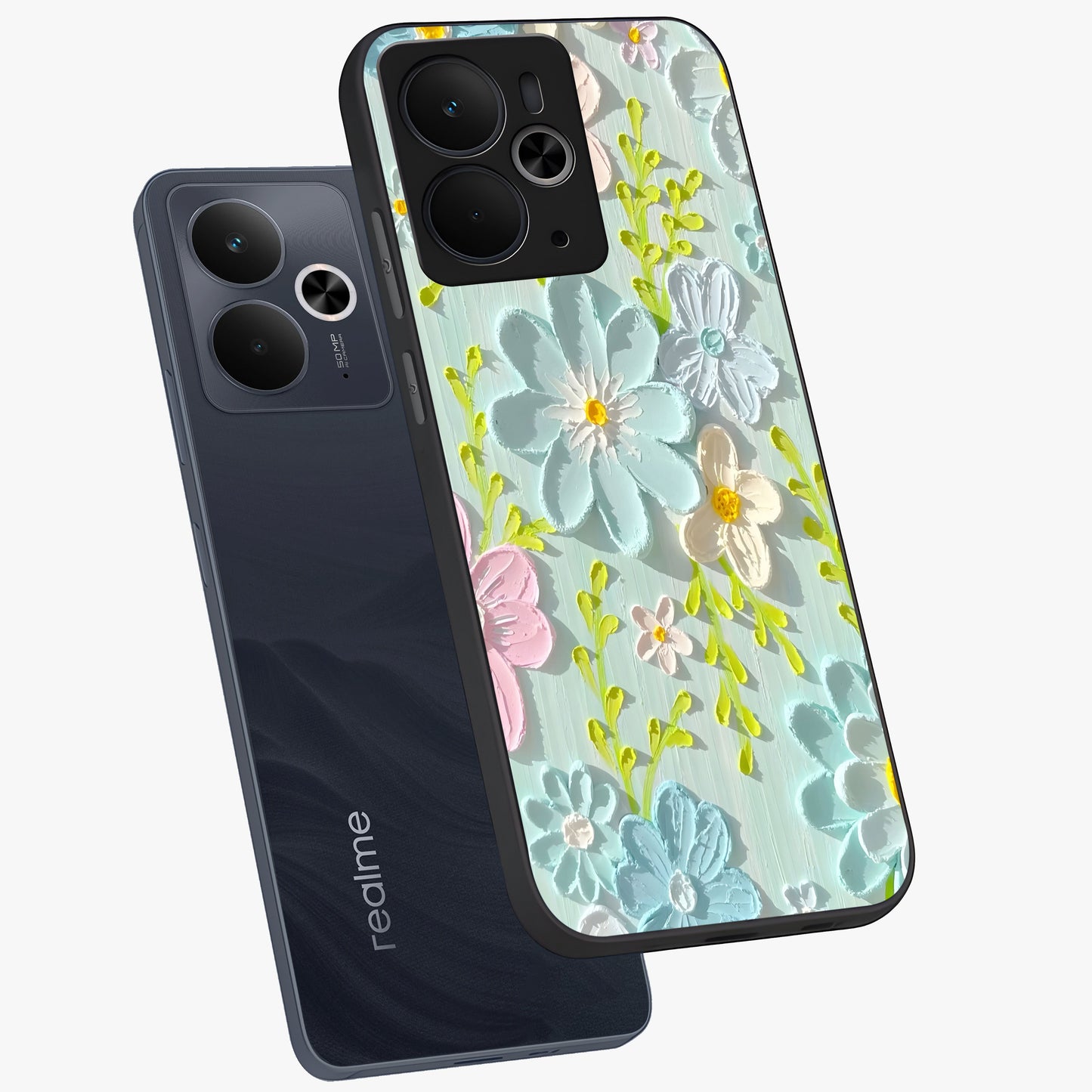 Frosted Petal Garden Glass Case displayed in angled mockup highlighting delicate flower petal design with calm garden aesthetic.