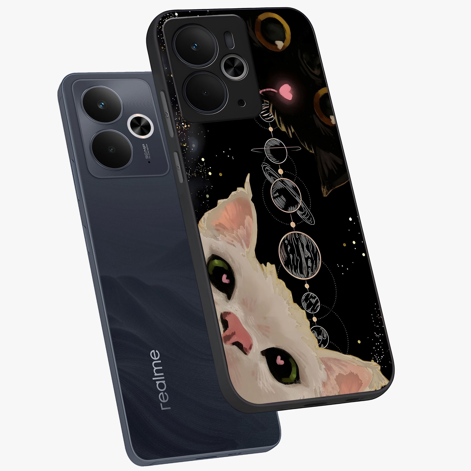 Galactic Cat Glass Case displayed in angled mockup highlighting celestial feline illustration with galaxy aesthetic style.