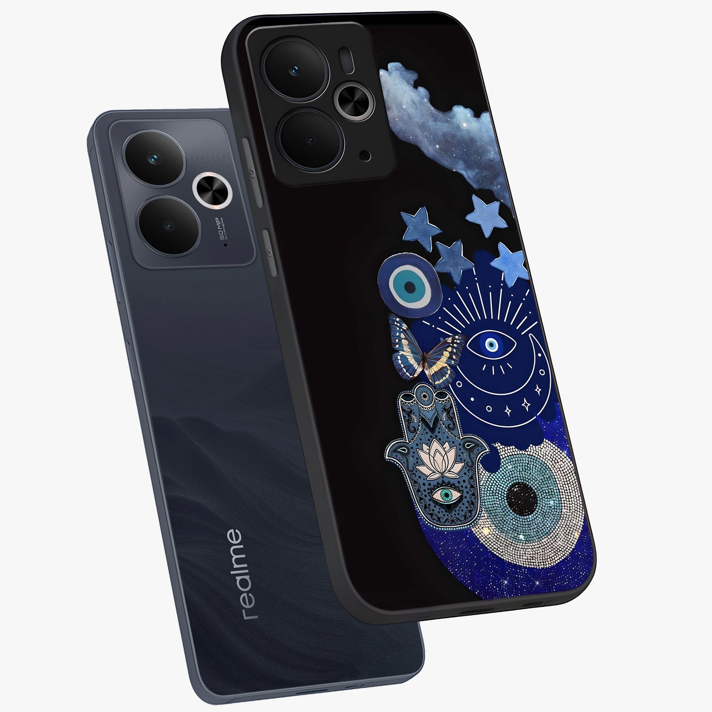 Galactic Charm Cluster Glass Case displayed in angled mockup highlighting luminous galaxy inspired design with dreamy aesthetic.