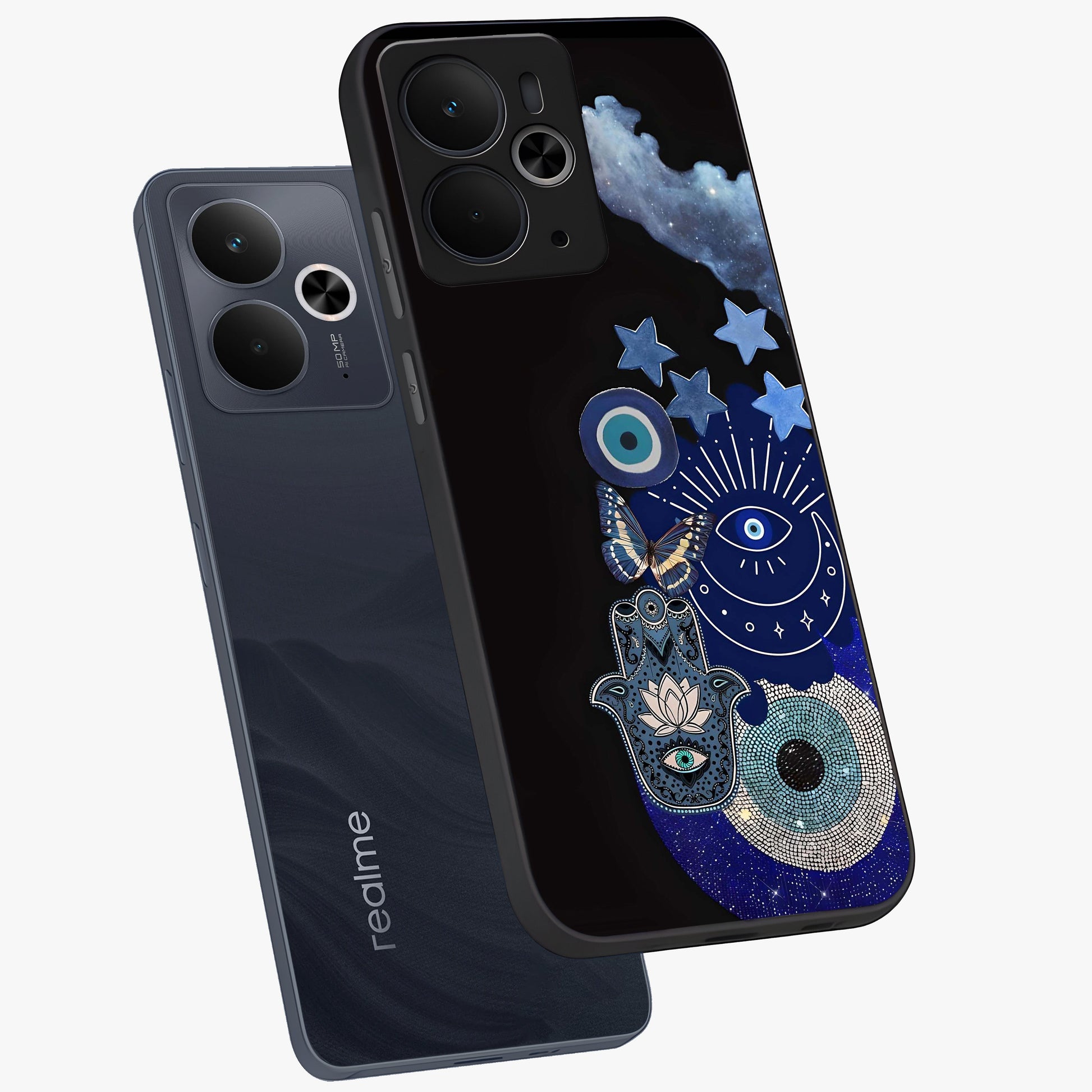 Galactic Charm Cluster Glass Case displayed in angled mockup highlighting luminous galaxy inspired design with dreamy aesthetic.