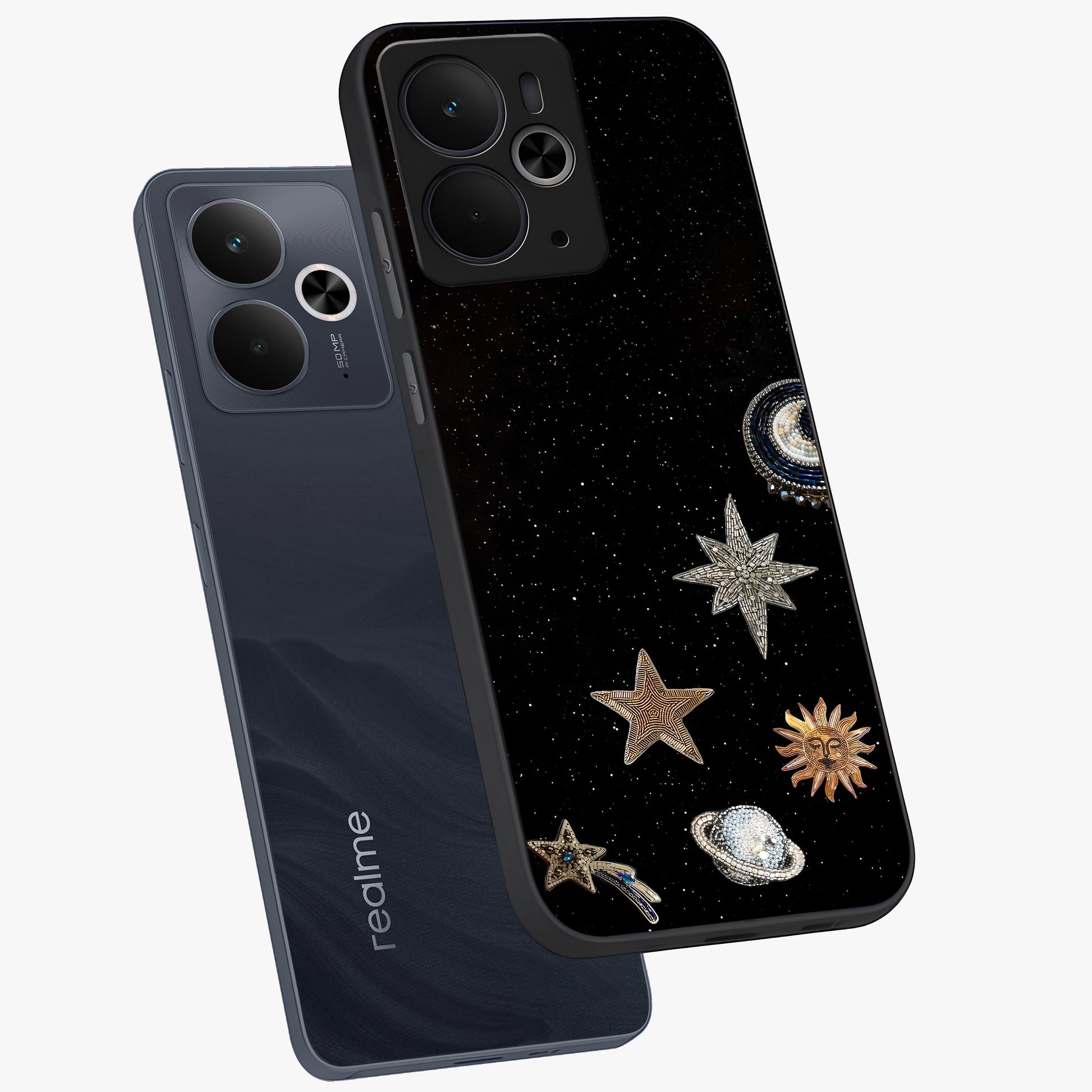 Galactic Charm Glow Glass Case displayed in angled mockup highlighting luminous galaxy inspired design with dreamy aesthetic.