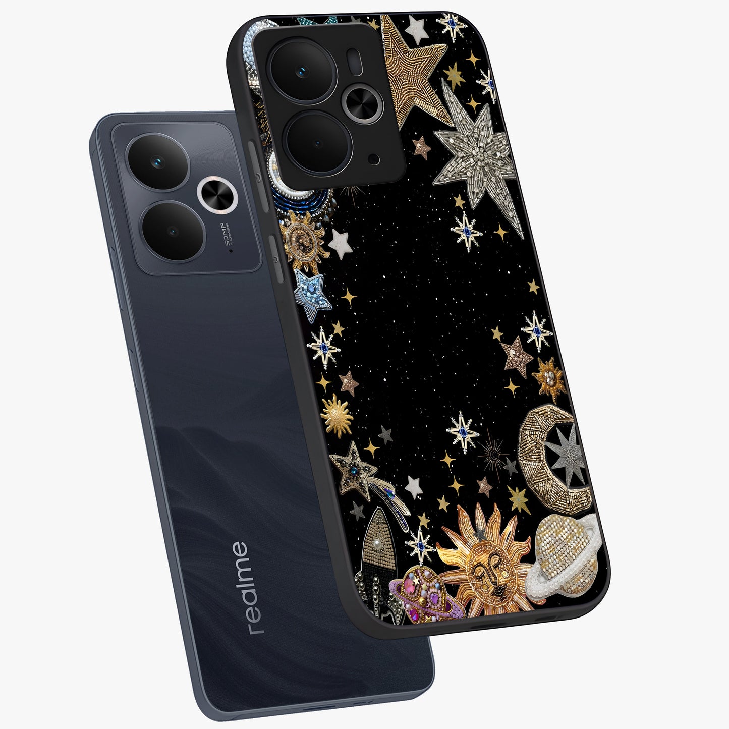 Galactic Jewel Stars Glass Case displayed in angled mockup highlighting shining celestial star design with cosmic aesthetic style.