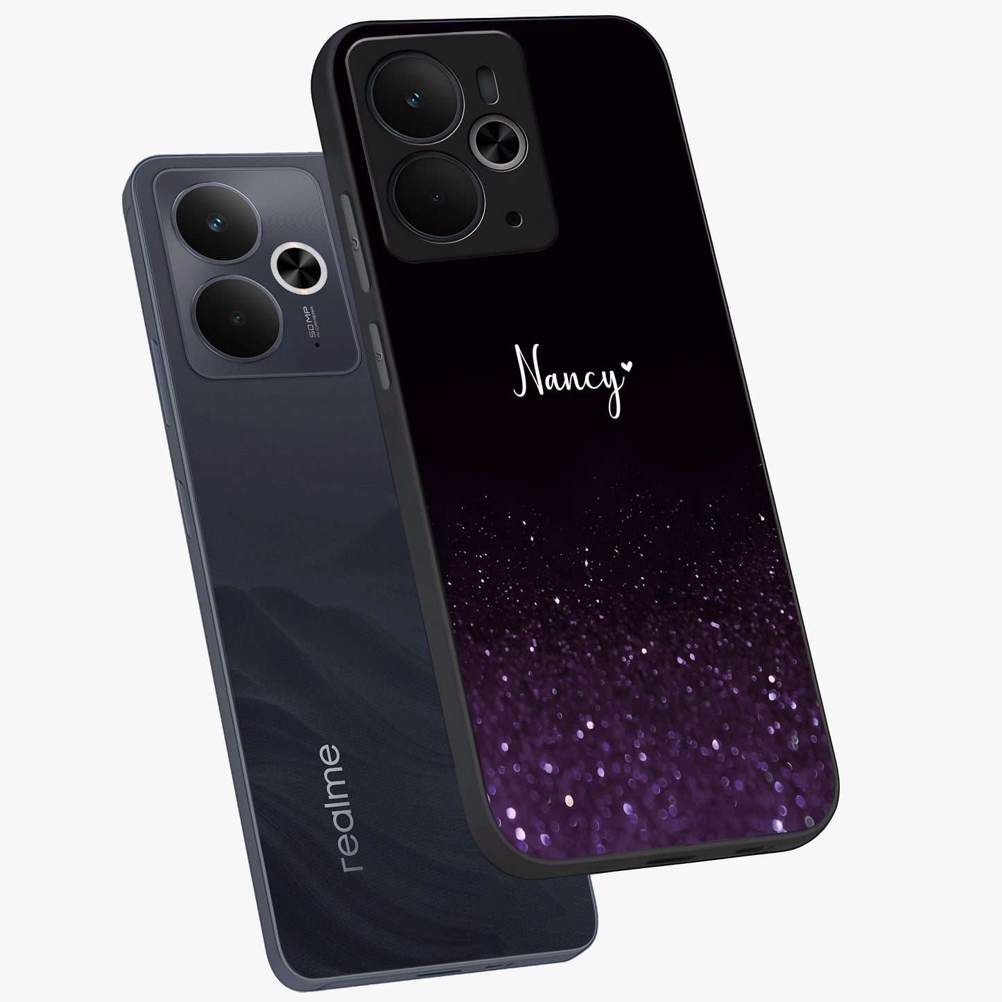 Glittery Purple Bokeh Custom Name Glass Case displayed in angled mockup highlighting glitter bokeh pattern with custom name feature.