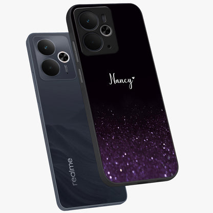 Glittery Purple Bokeh Custom Name Glass Case displayed in angled mockup highlighting glitter bokeh pattern with custom name feature.