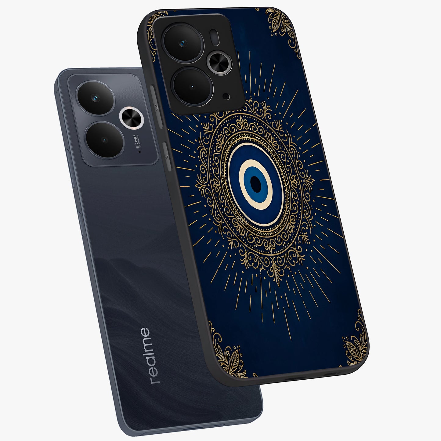 Golden Celestial Charm Glass Case displayed in angled mockup highlighting sparkling cosmic charm design with celestial aesthetic.