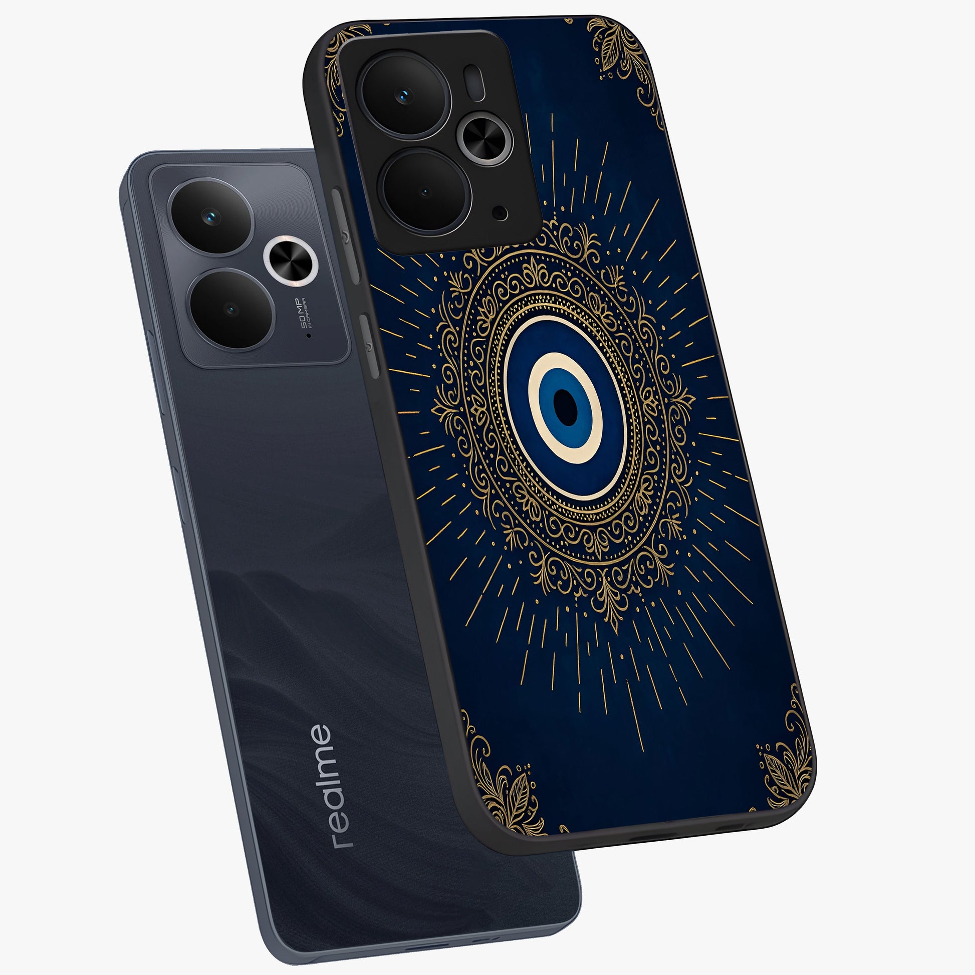 Golden Celestial Charm Glass Case displayed in angled mockup highlighting sparkling cosmic charm design with celestial aesthetic.