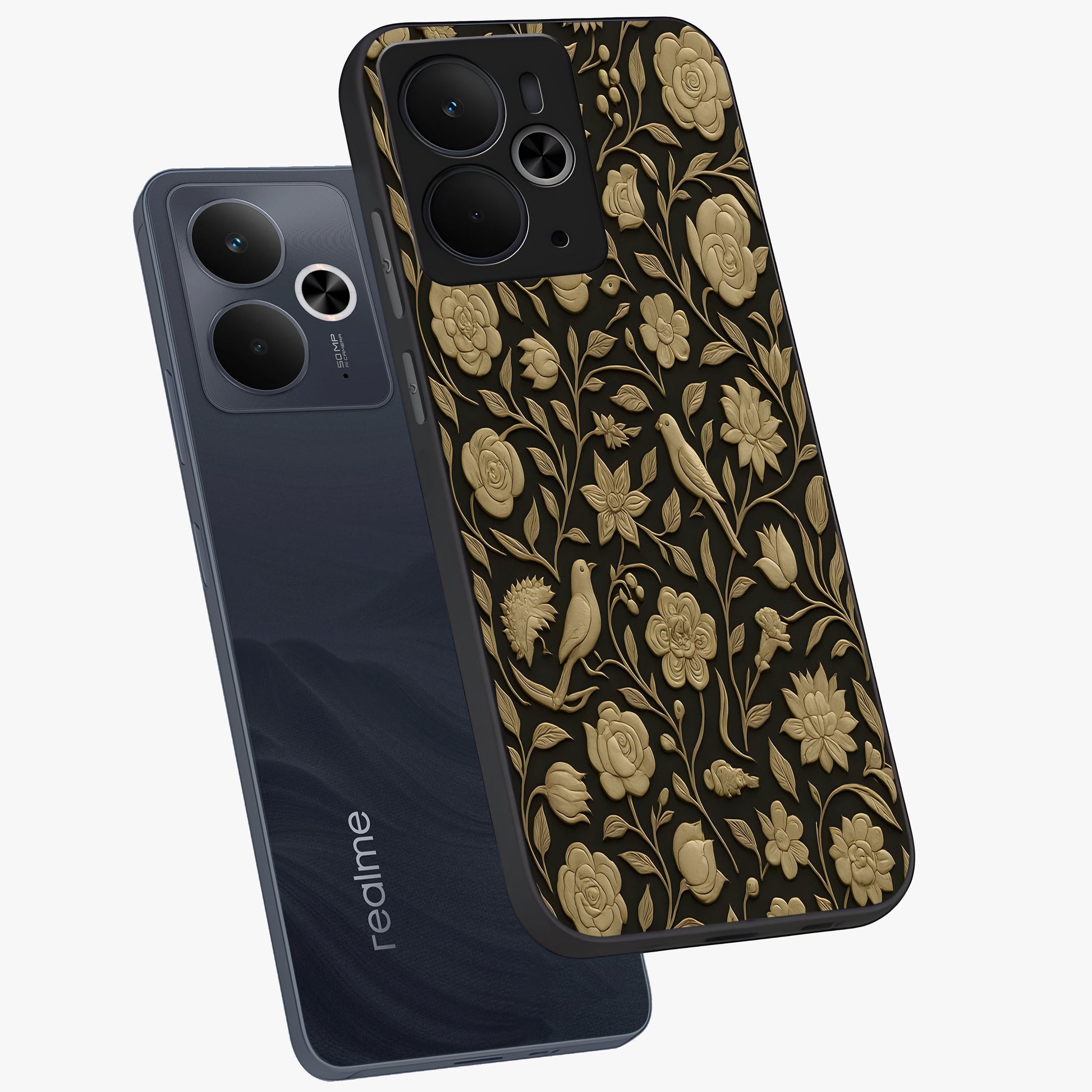 Golden Evil Eye Mandala Glass Case displayed in angled mockup highlighting protective evil eye symbol with golden mandala design.