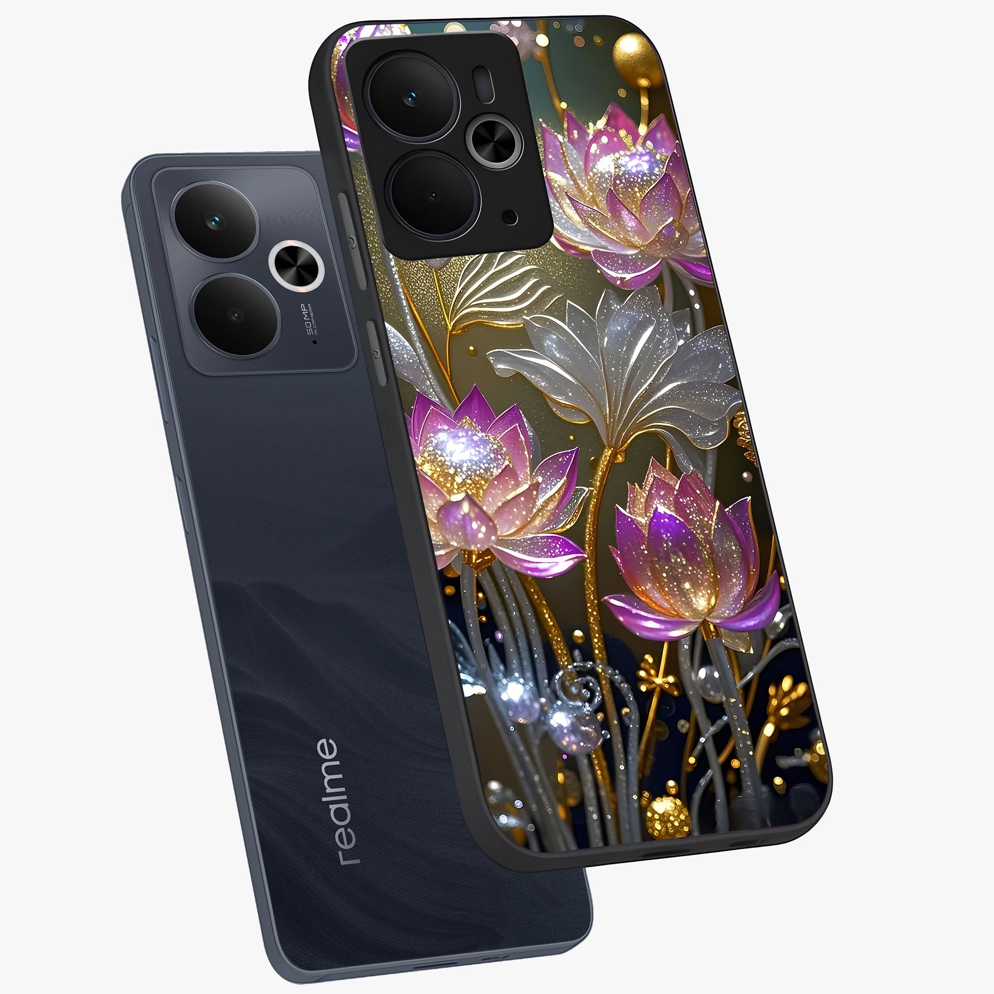 Golden Floral Majesty Glass Case displayed in angled mockup highlighting elegant flower design with royal golden aesthetic.