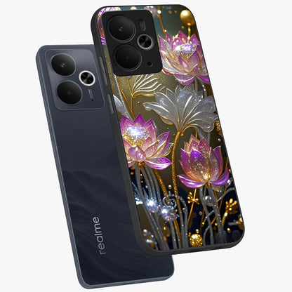 Golden Floral Majesty Glass Case displayed in angled mockup highlighting elegant flower design with royal golden aesthetic.