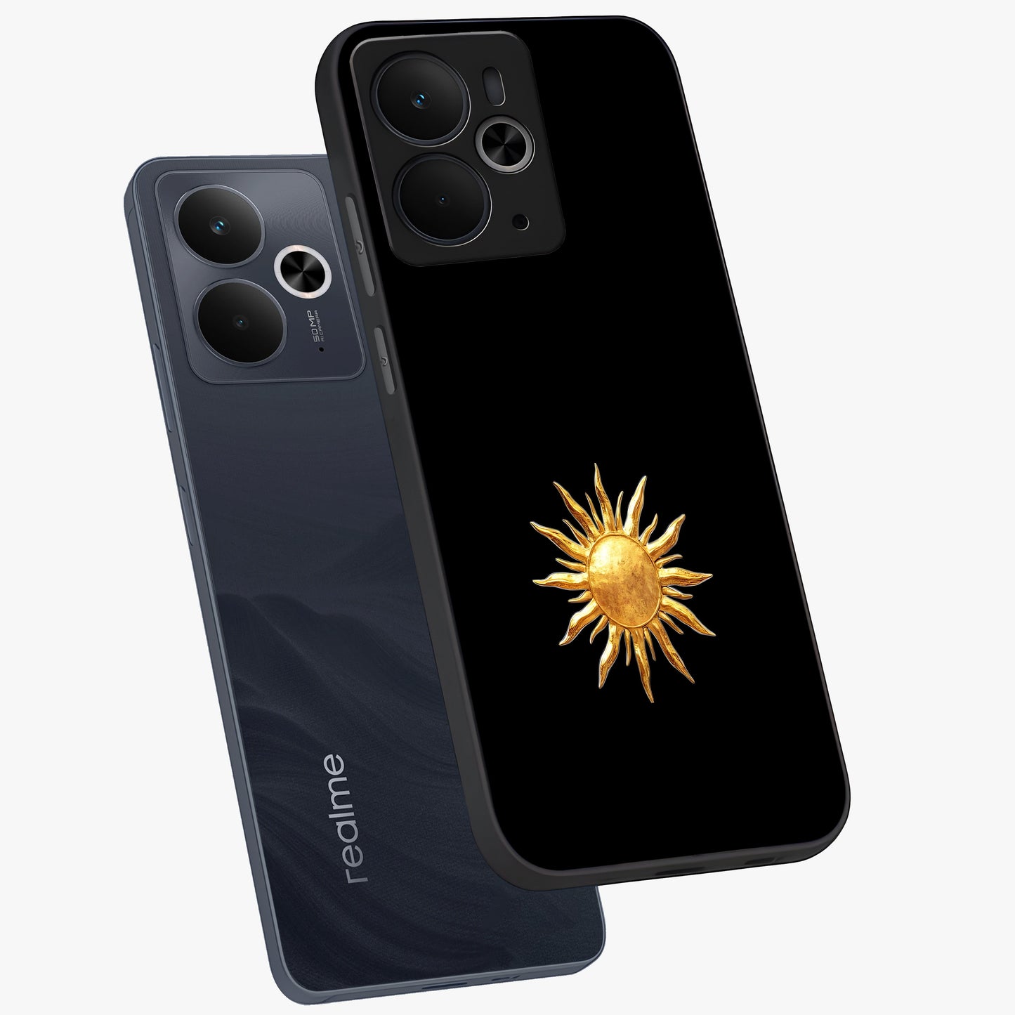 Golden Sun Minimalism Glass Case displayed in angled mockup highlighting eerie shadow illustration with gothic aesthetic.