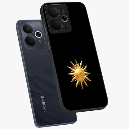 Golden Sun Minimalism Glass Case displayed in angled mockup highlighting eerie shadow illustration with gothic aesthetic.