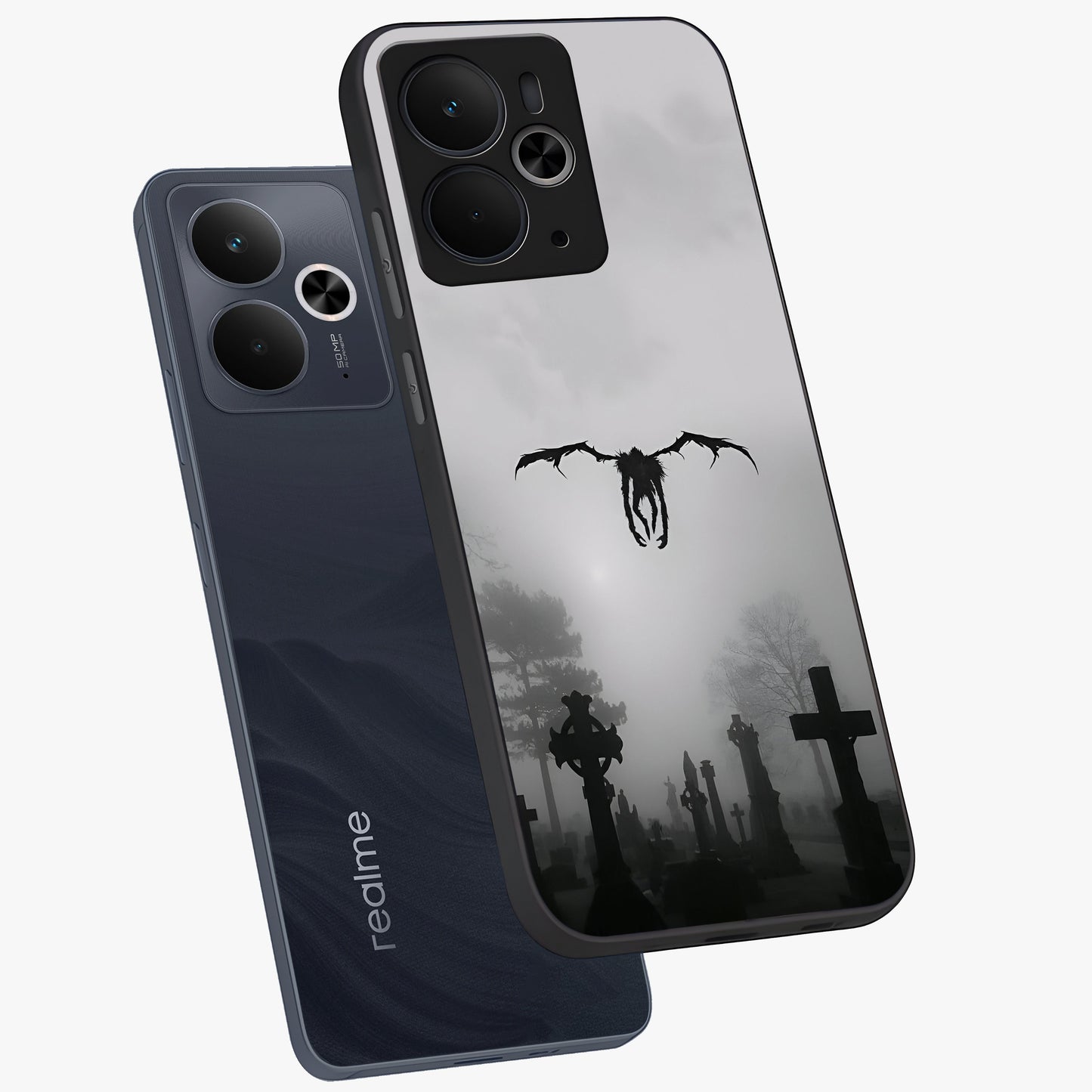 Graveyard Shadow Descent Glass Case displayed in angled mockup highlighting eerie shadow illustration with gothic aesthetic.