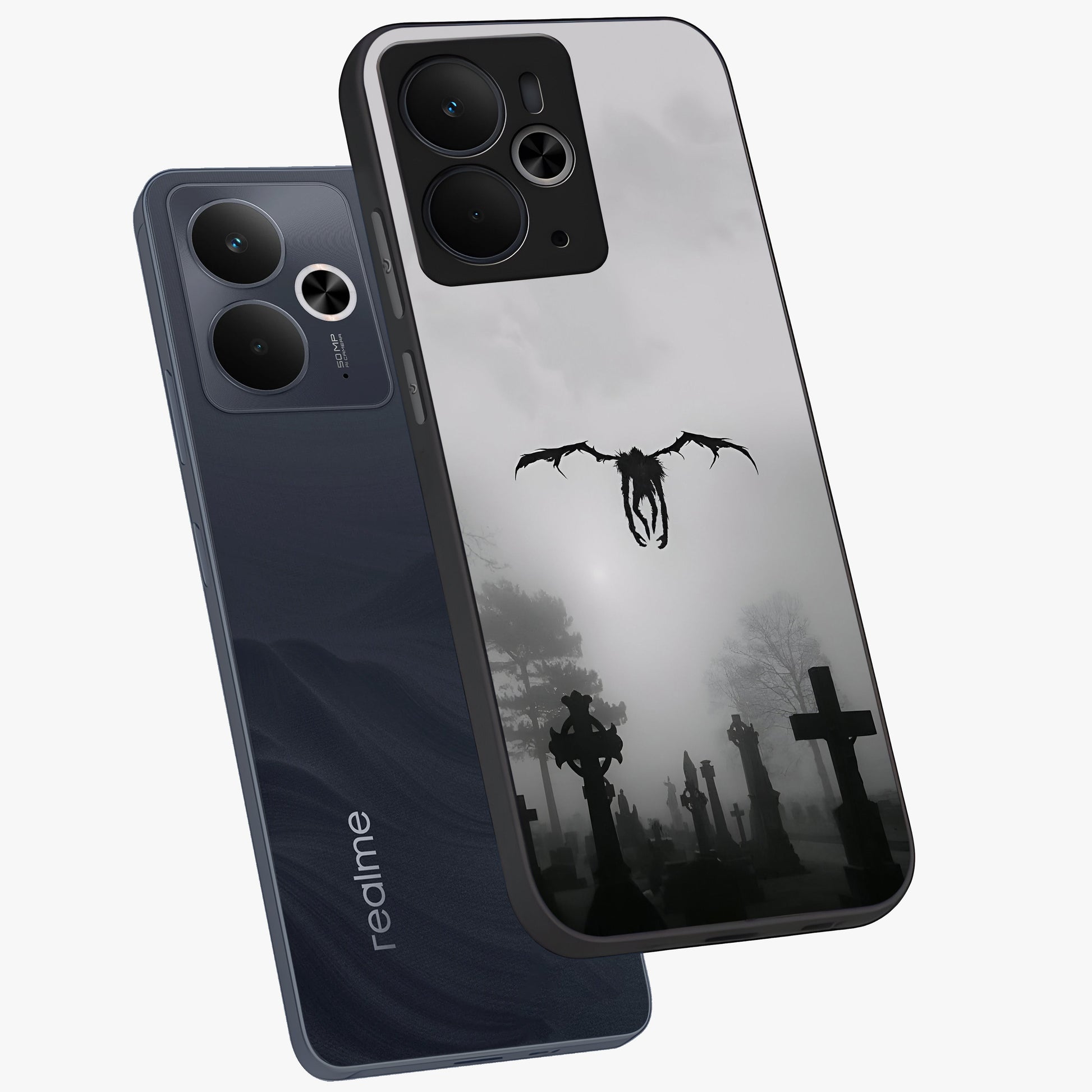 Graveyard Shadow Descent Glass Case displayed in angled mockup highlighting eerie shadow illustration with gothic aesthetic.