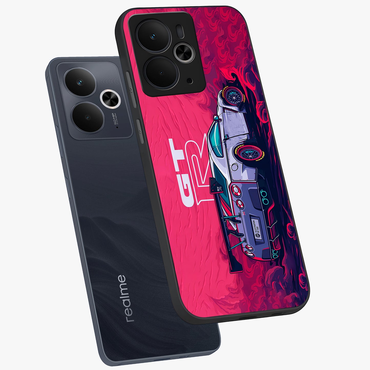 GT-R Car Pattern Glass Case displayed in angled mockup highlighting racing car graphic design with bold automotive aesthetic.