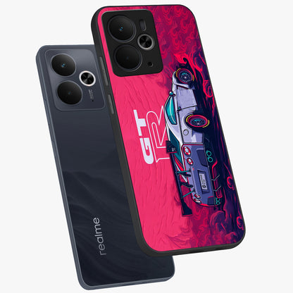 GT-R Car Pattern Glass Case displayed in angled mockup highlighting racing car graphic design with bold automotive aesthetic.