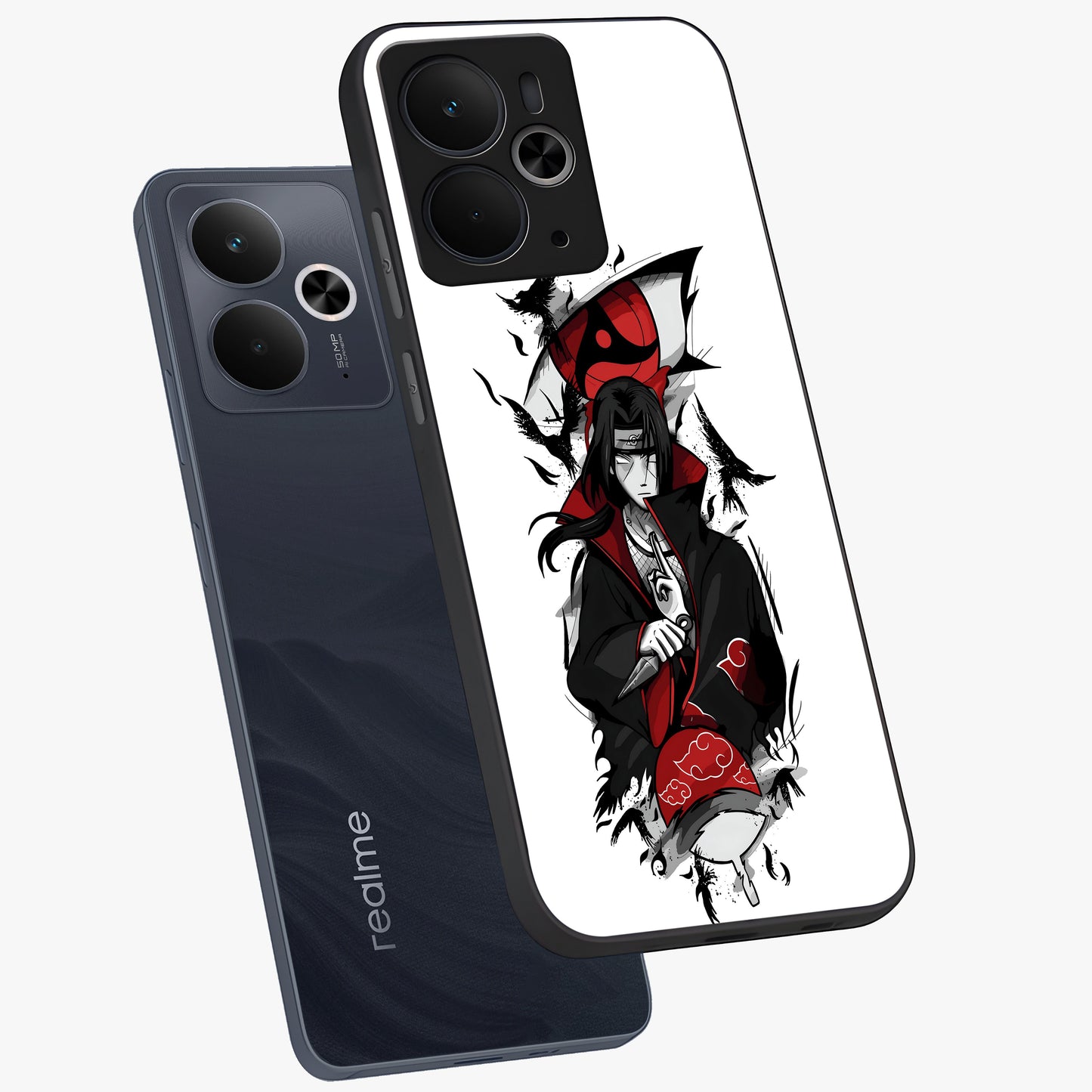 Itachi Limited Edition Naruto Anime Glass Case displayed in angled mockup highlighting dramatic anime illustration with bold action aesthetic.