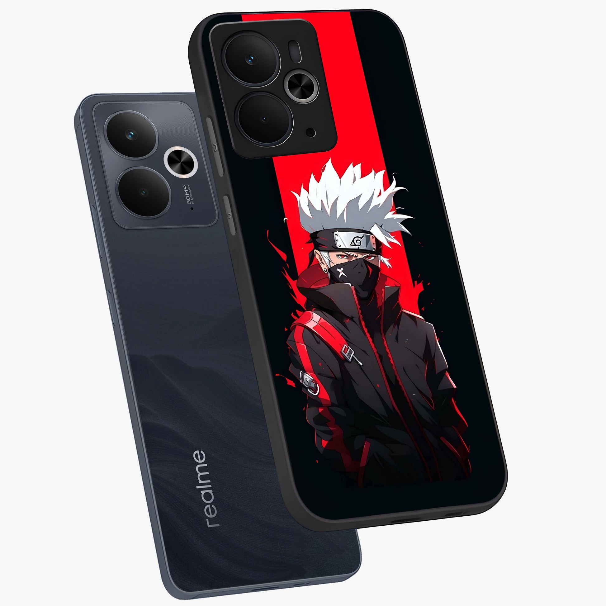 Kakashi Scarlet Shadow Glass Case displayed in angled mockup highlighting dramatic ninja illustration with scarlet themed aesthetic.