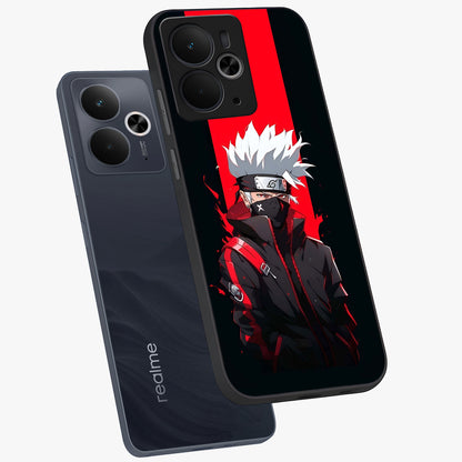 Kakashi Scarlet Shadow Glass Case displayed in angled mockup highlighting dramatic ninja illustration with scarlet themed aesthetic.