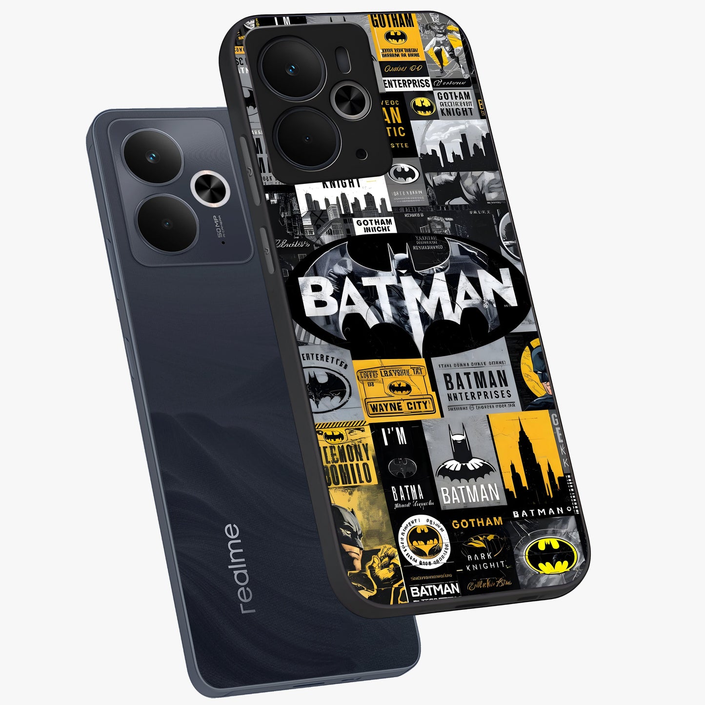 Knight Gotham Rise Glass Case displayed in angled mockup highlighting powerful knight silhouette design with dramatic aesthetic.