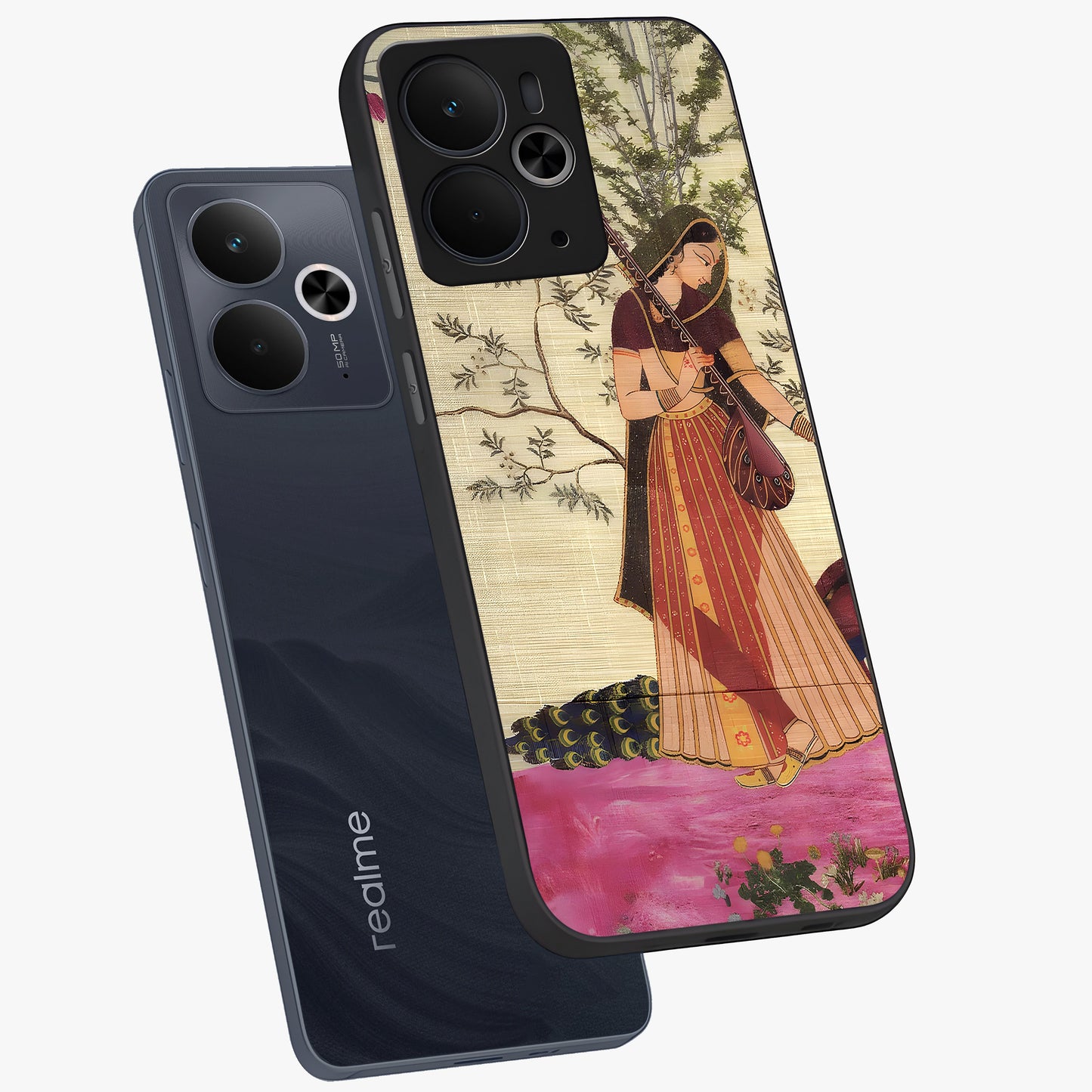 Lady With Veena Art Glass Case displayed in angled mockup highlighting graceful musical illustration with cultural artistic aesthetic.