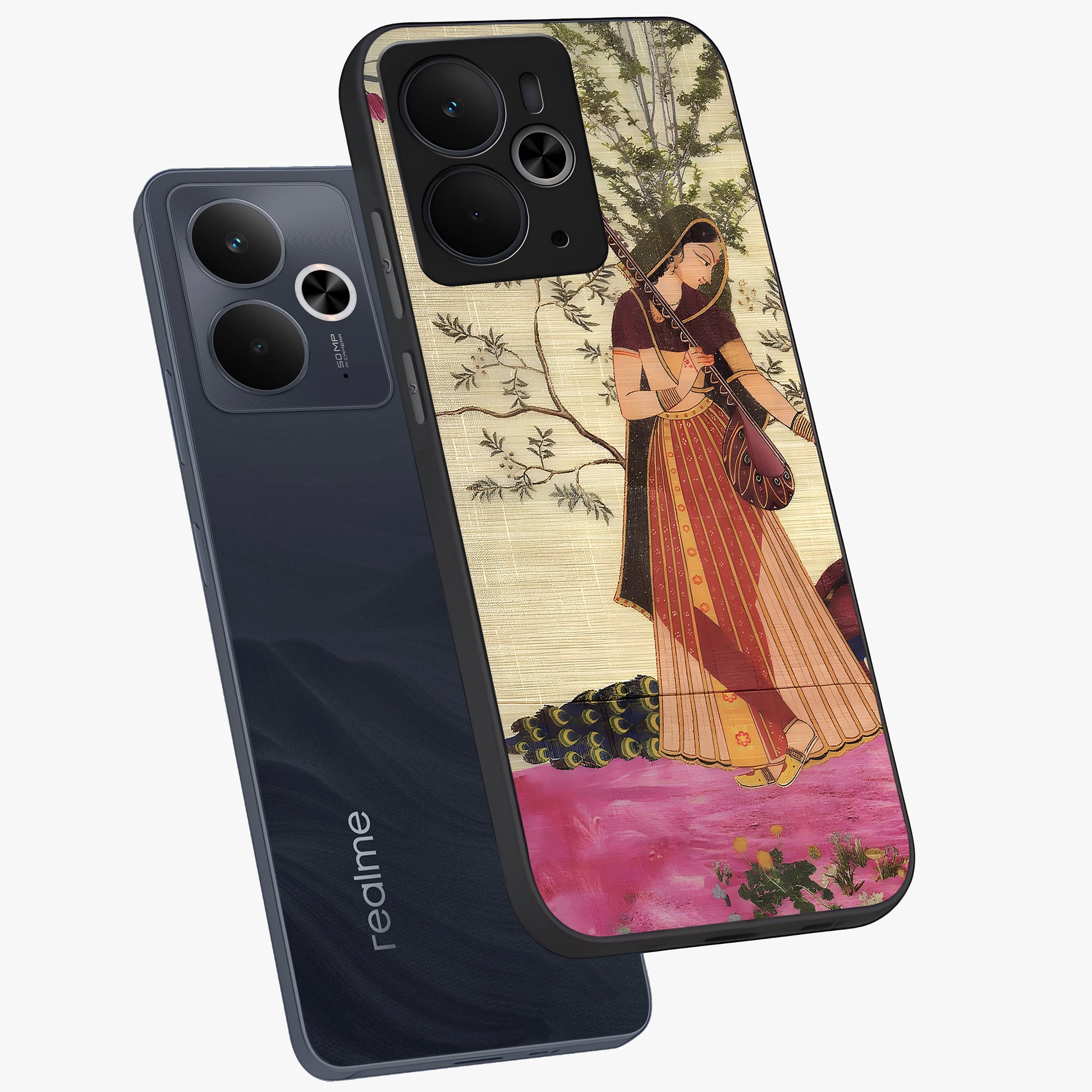 Lady With Veena Art Glass Case displayed in angled mockup highlighting graceful musical illustration with cultural artistic aesthetic.
