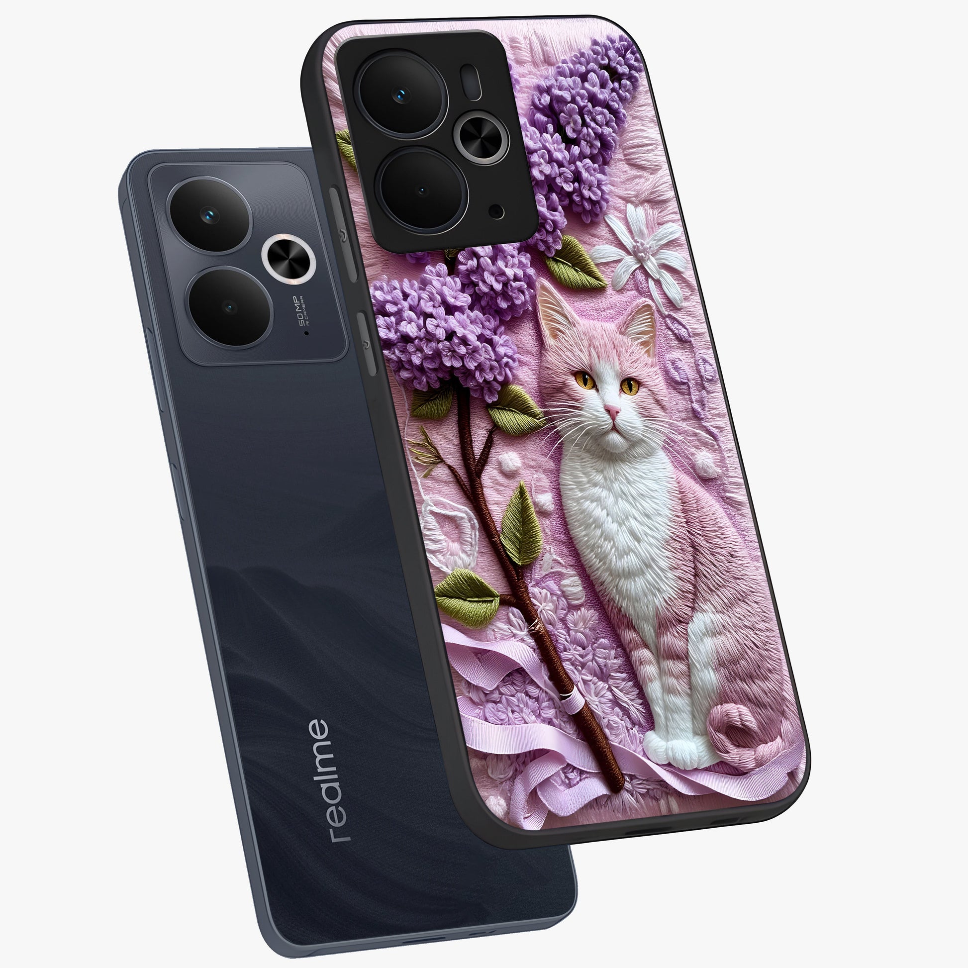 Lavender Cat Whimsy Glass Case displayed in angled mockup highlighting playful feline illustration with pastel lavender aesthetic.