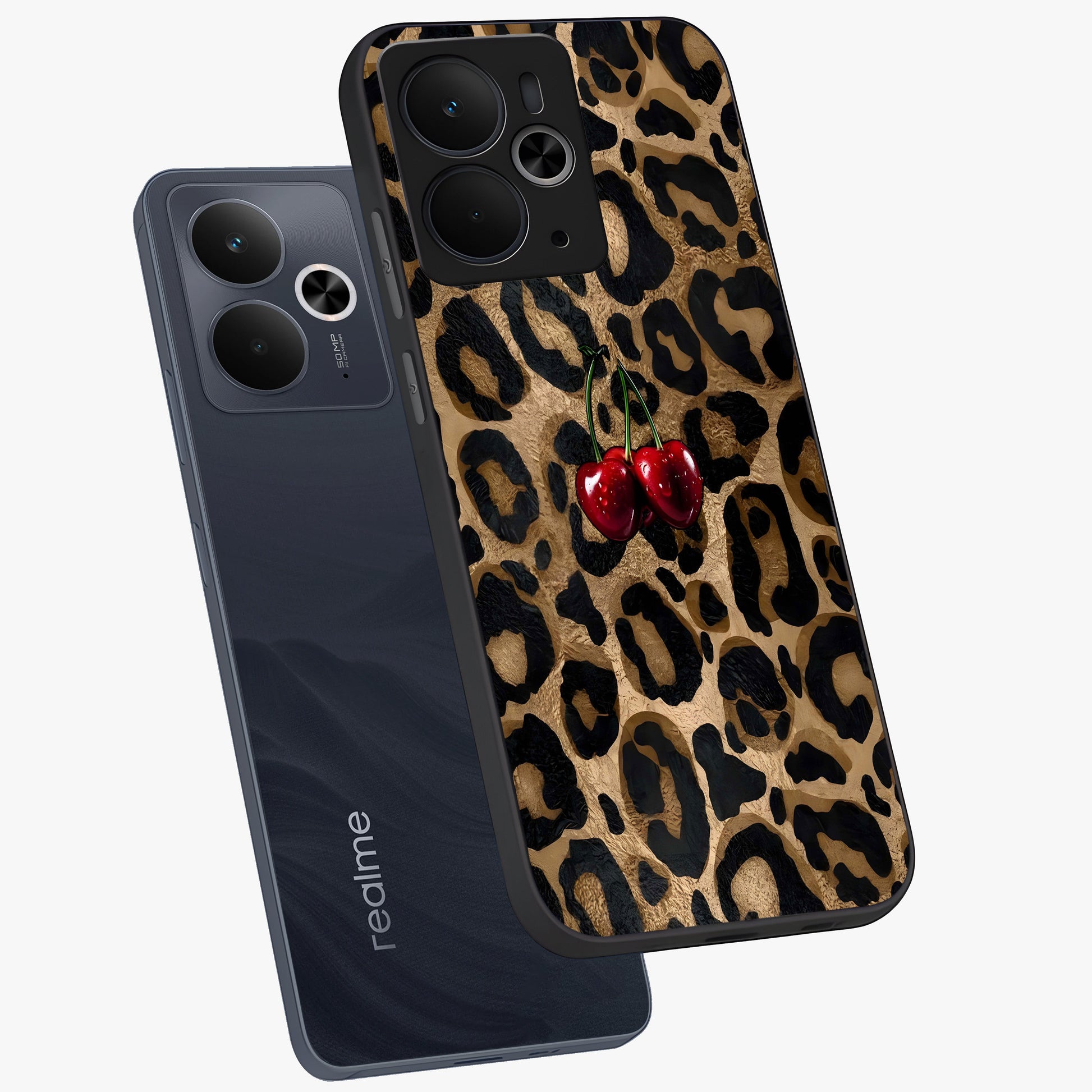 Leopard Wild Cherry Glass Case displayed in angled mockup highlighting bold animal print design with playful cherry aesthetic.