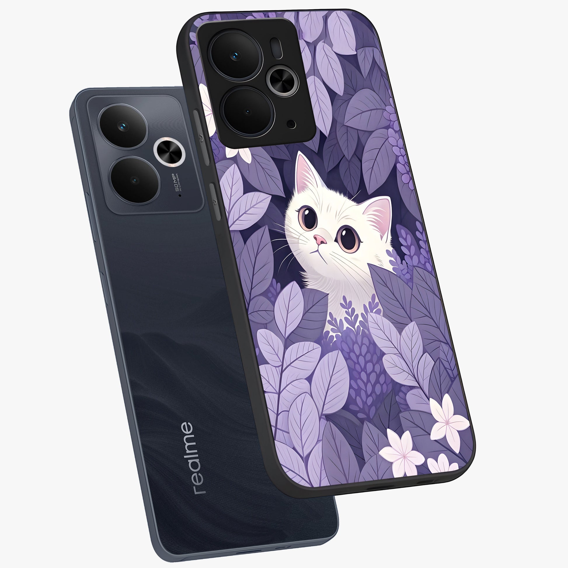 Lilac Hide Peek Cat Glass Case displayed in angled mockup highlighting playful feline illustration with lilac aesthetic design.