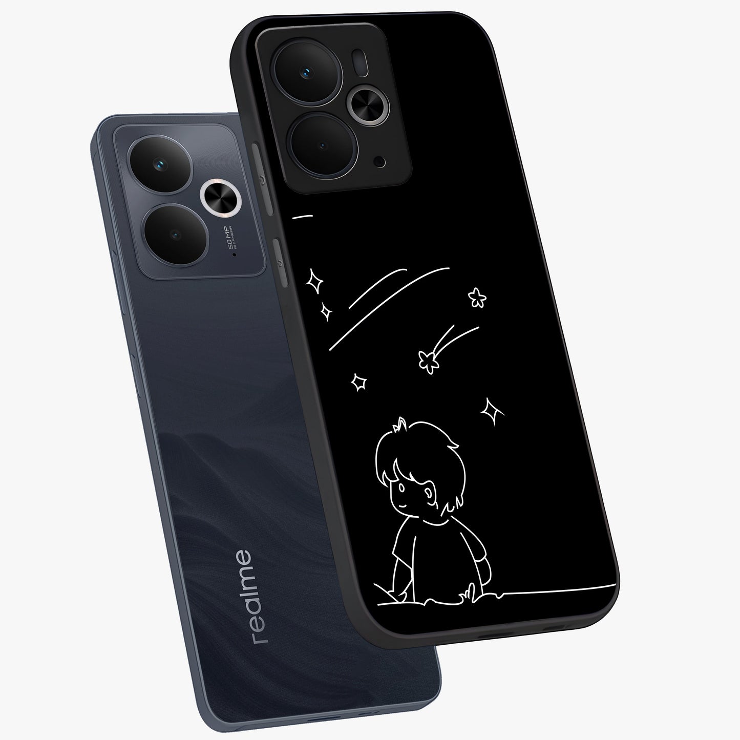 Line Art Boy With Shooting Stars Glass Case displayed in angled mockup highlighting elegant line art design with dreamy star aesthetic.